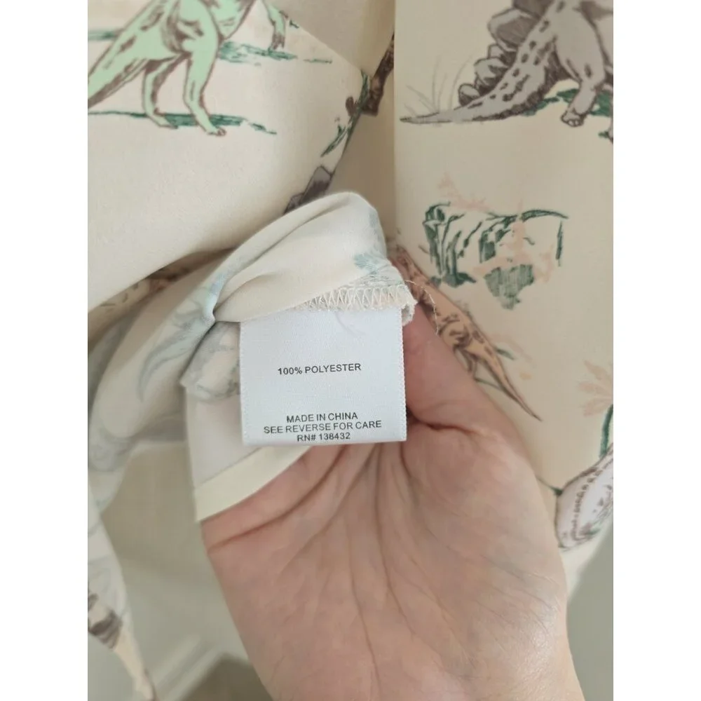 Modcloth Dinosaur Animal Print Miss Frizzle Ivory Bow Tie Button Up Blouse S Top - Picture 7 of 11